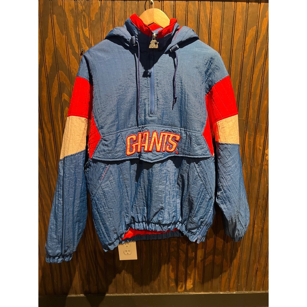 Vintage Starter New York Giants NFL Hooded Puffy Jacket Blue Red 90s Half Zip